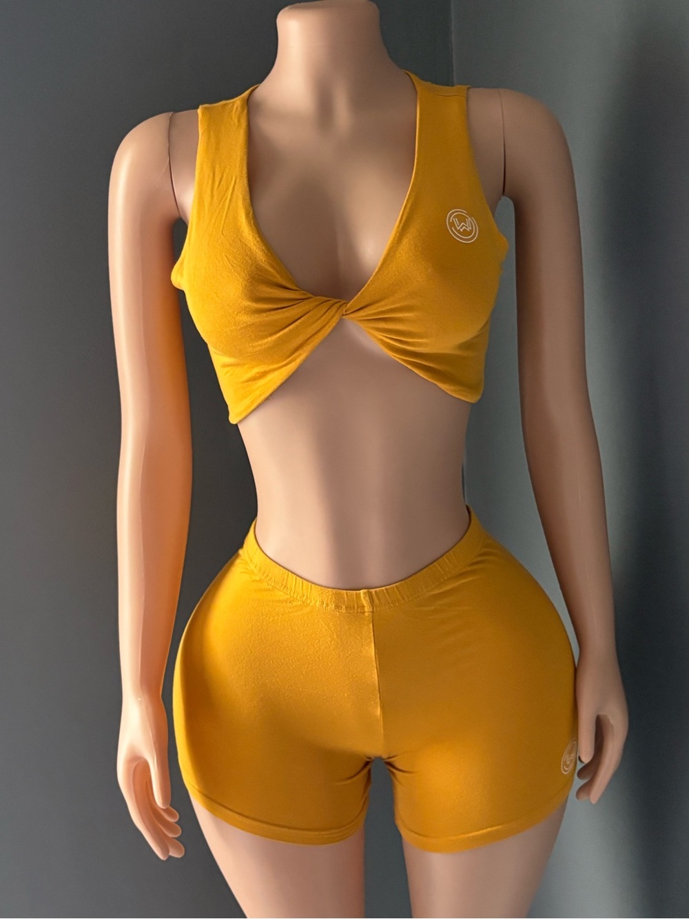 Athletic High-Waist Twist Crop Top & Shorts Set - Mustard Yellow